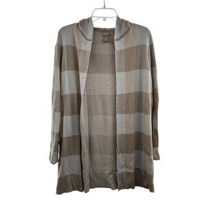 Chico's Women's Hooded Cardigan Open Front Tan/White Check Size Small